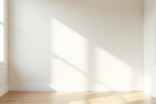 Clean newly constructed room with sunlight streaming in, no dust visible